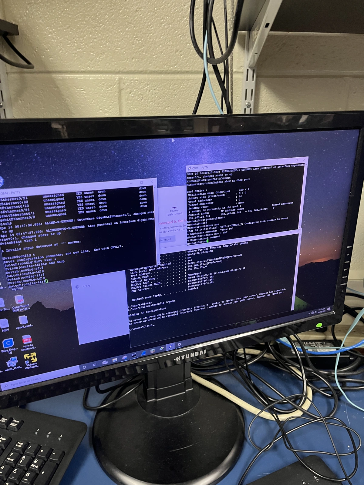 Cisco configuration consoles and IP troubleshooting during hands-on networking practice